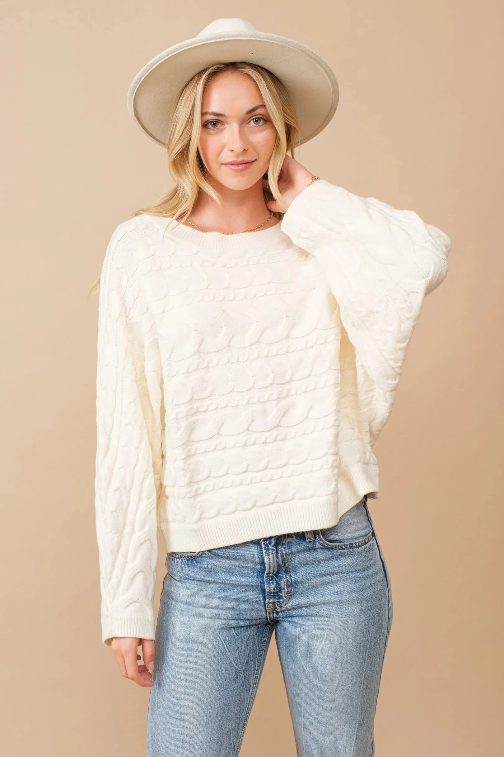 Dolman Sleeve Horizontal Cable Knit Sweater