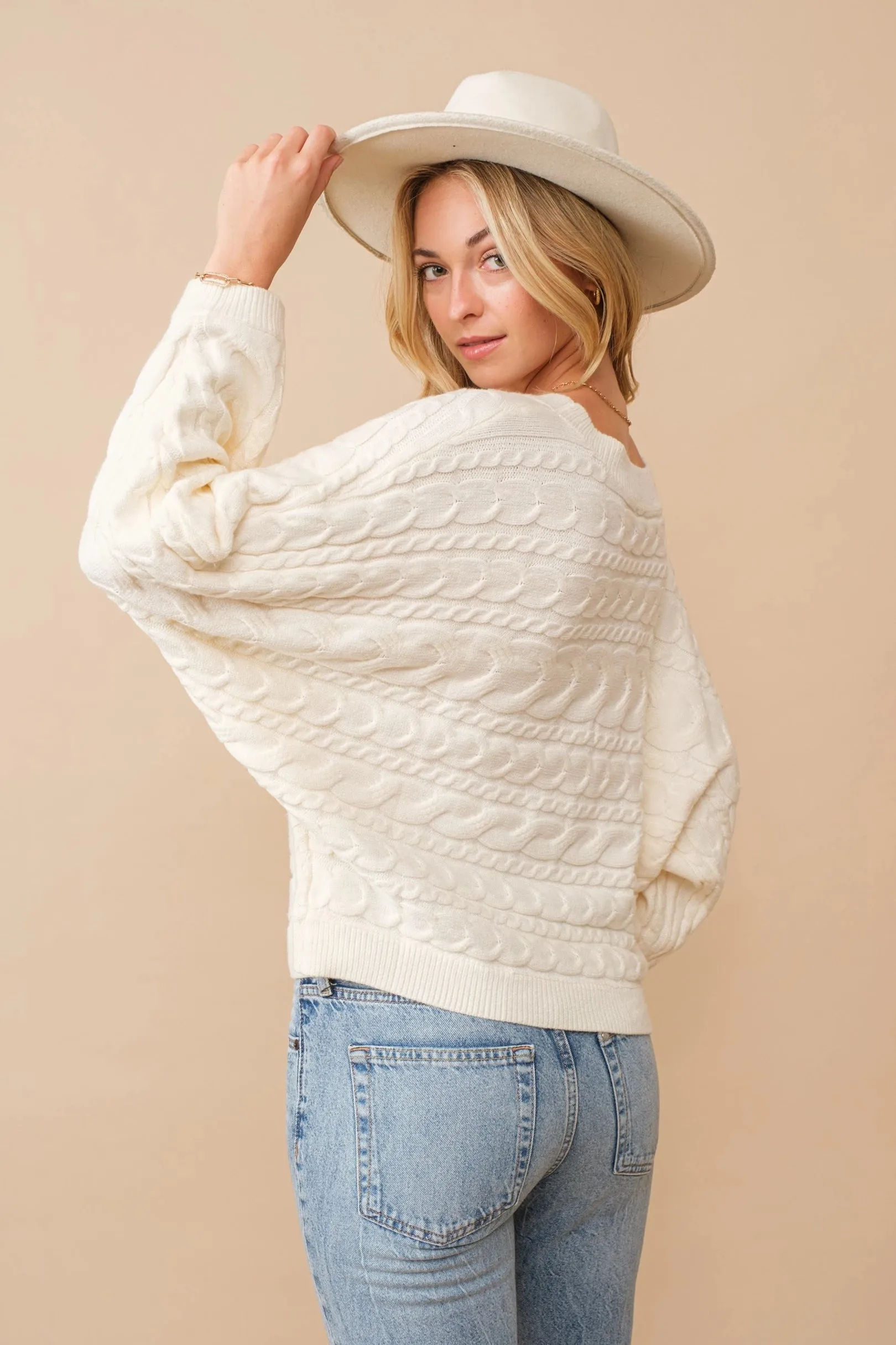 Dolman Sleeve Horizontal Cable Knit Sweater