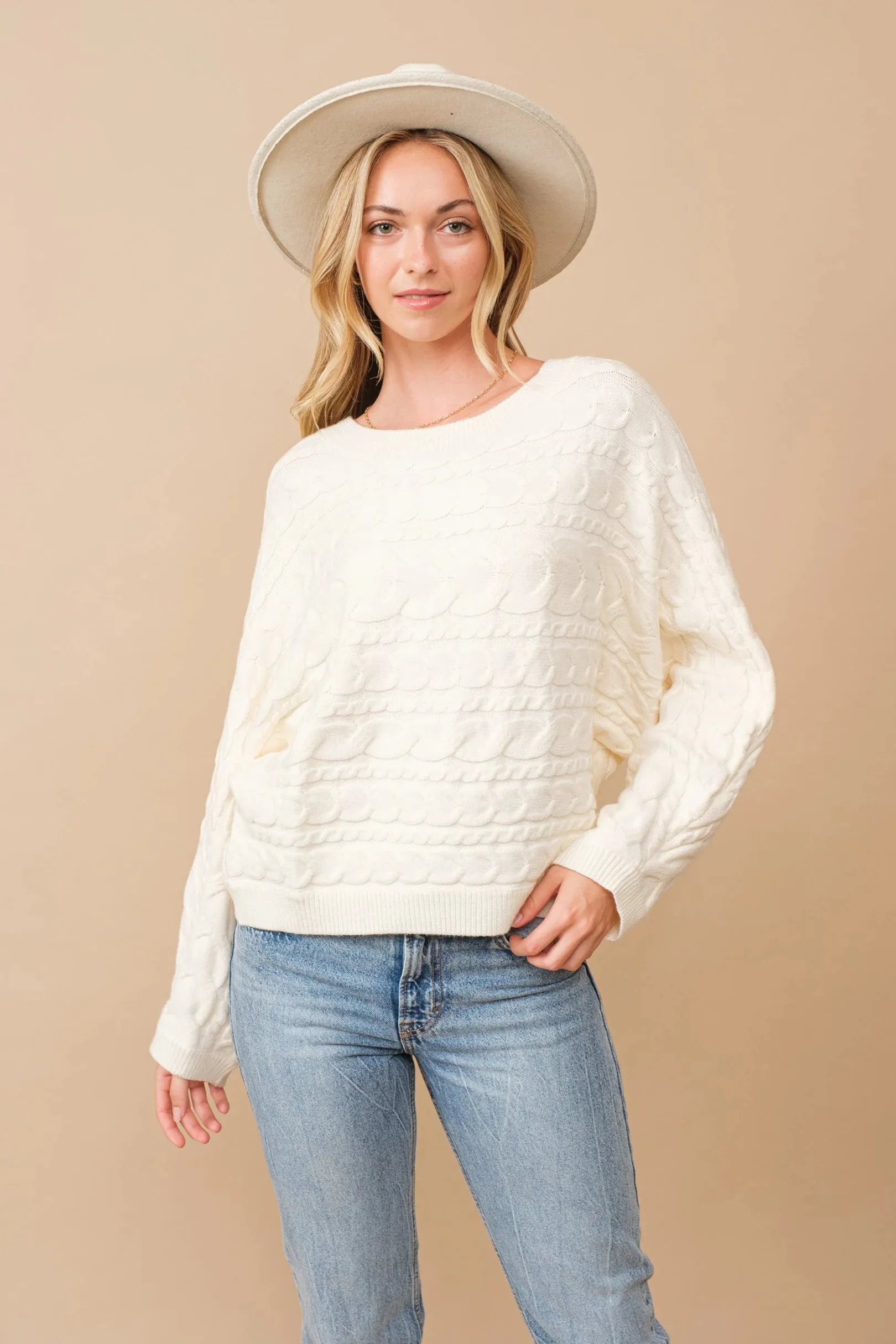 Dolman Sleeve Horizontal Cable Knit Sweater