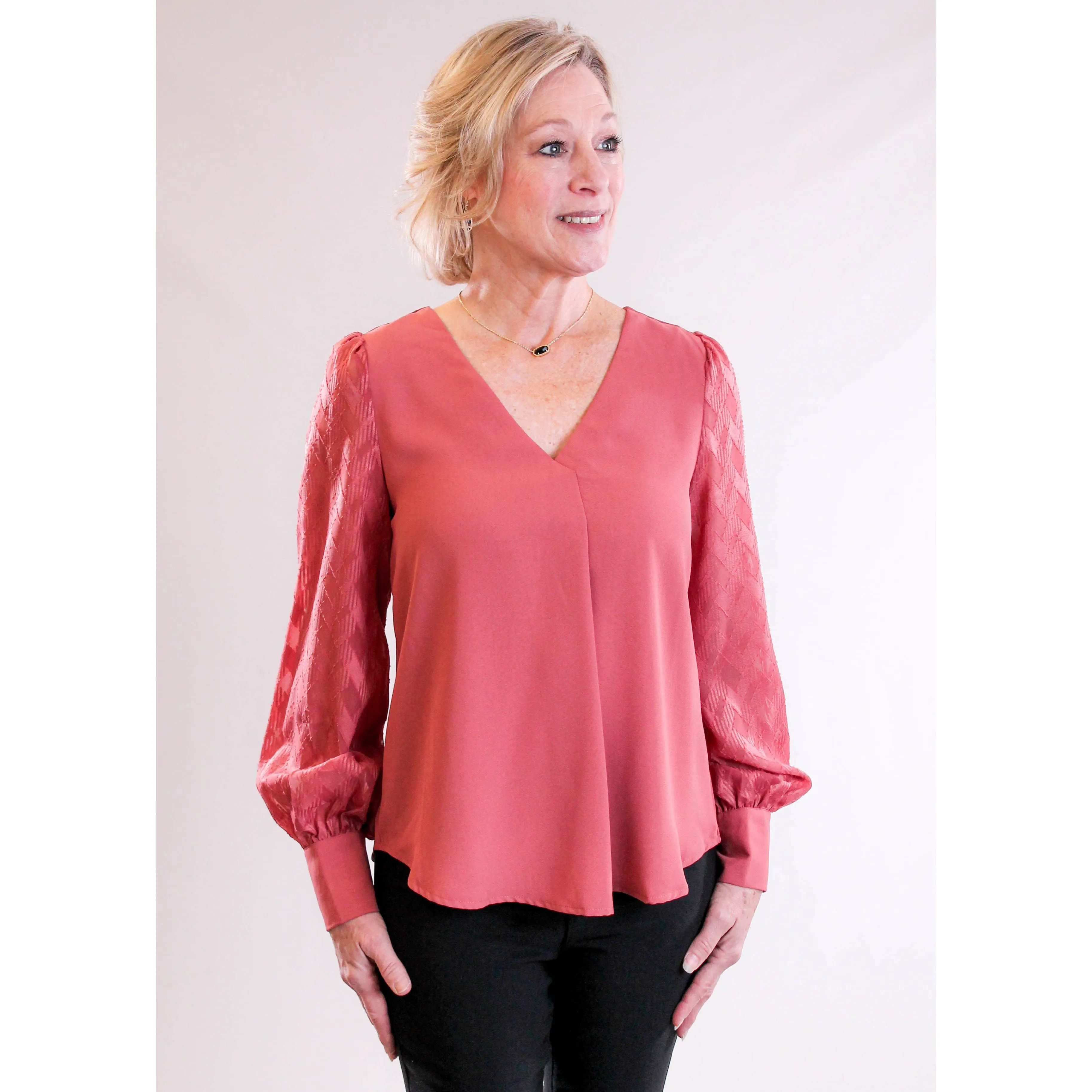 MINE V Neck Top with Sheer Sleeves and Back Buttons