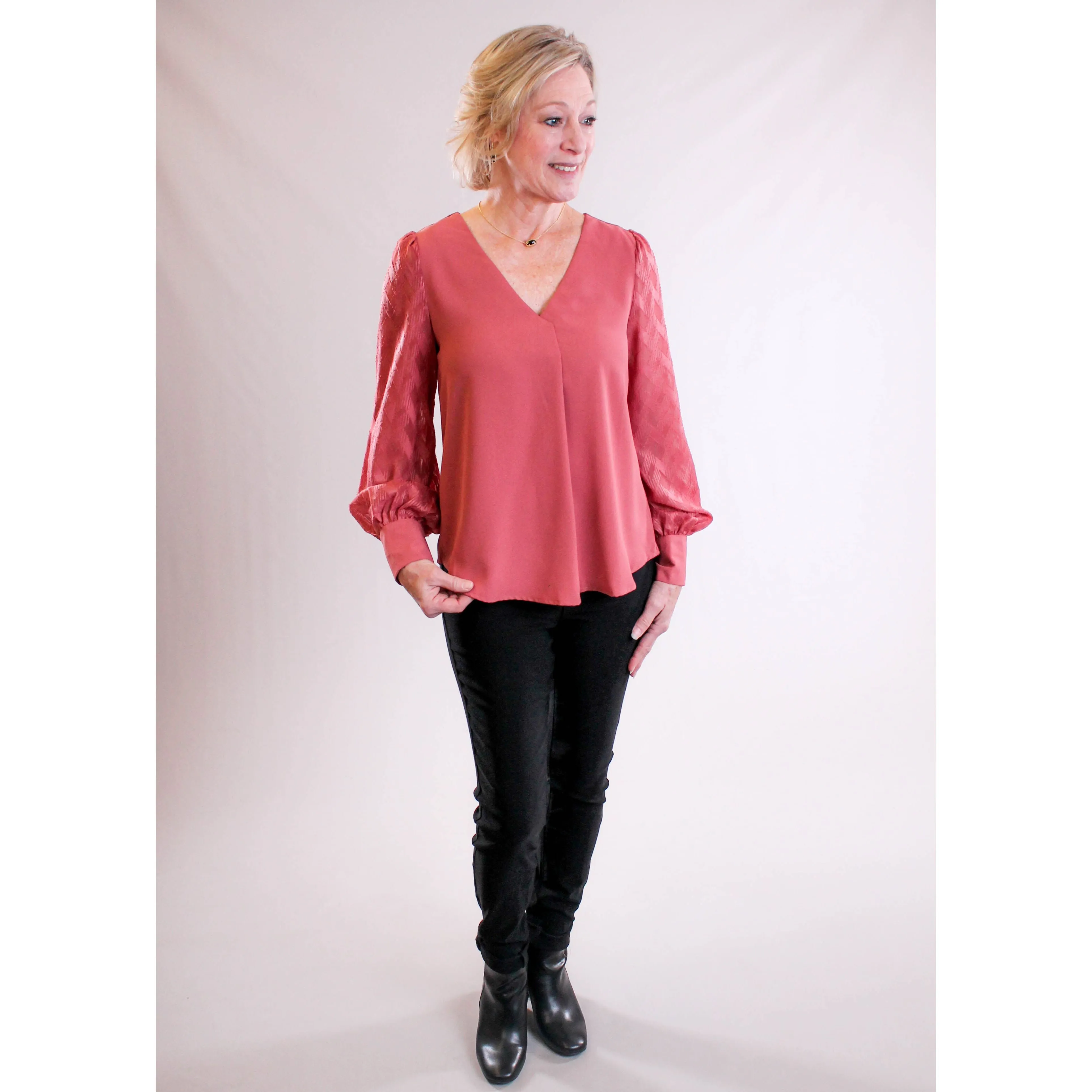 MINE V Neck Top with Sheer Sleeves and Back Buttons