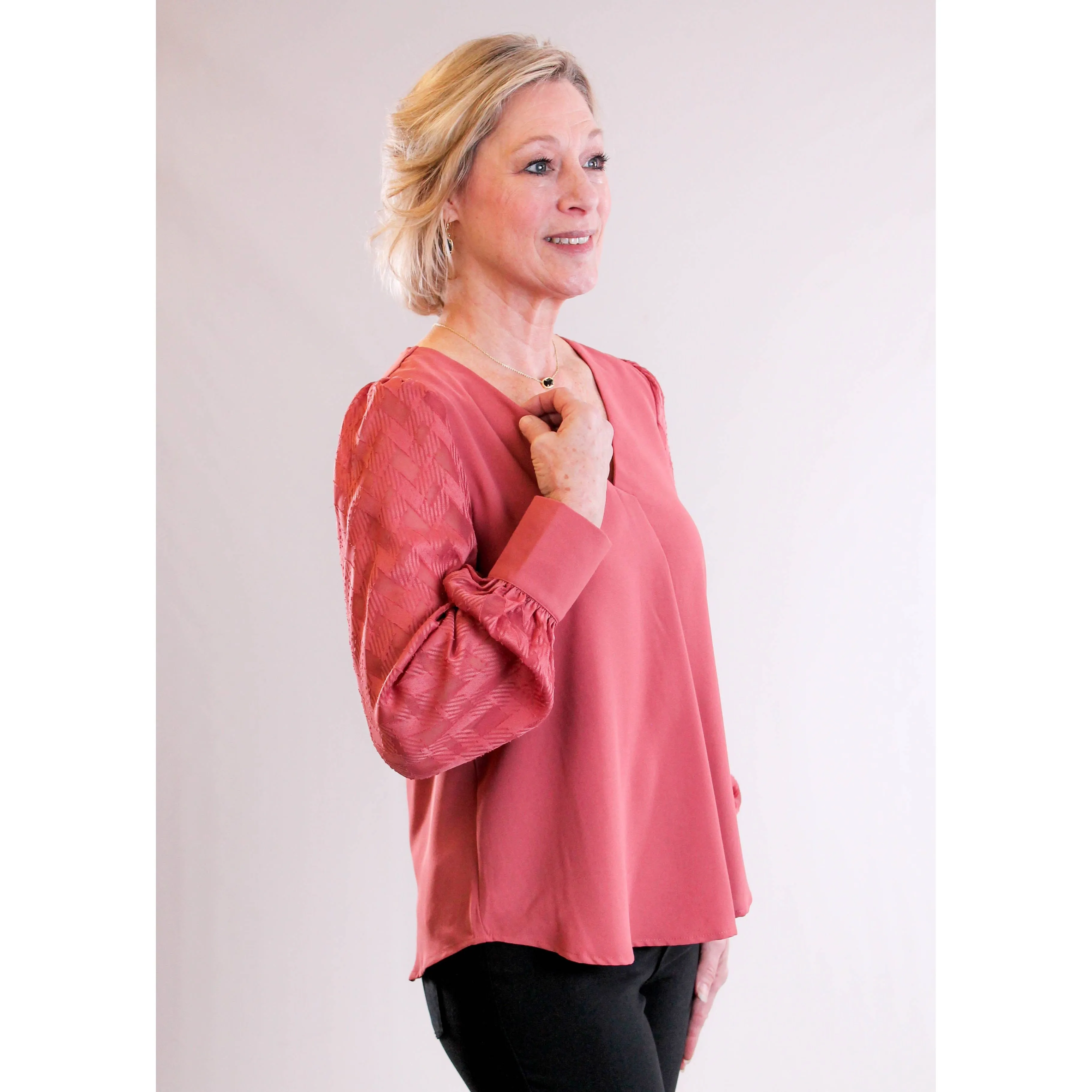 MINE V Neck Top with Sheer Sleeves and Back Buttons