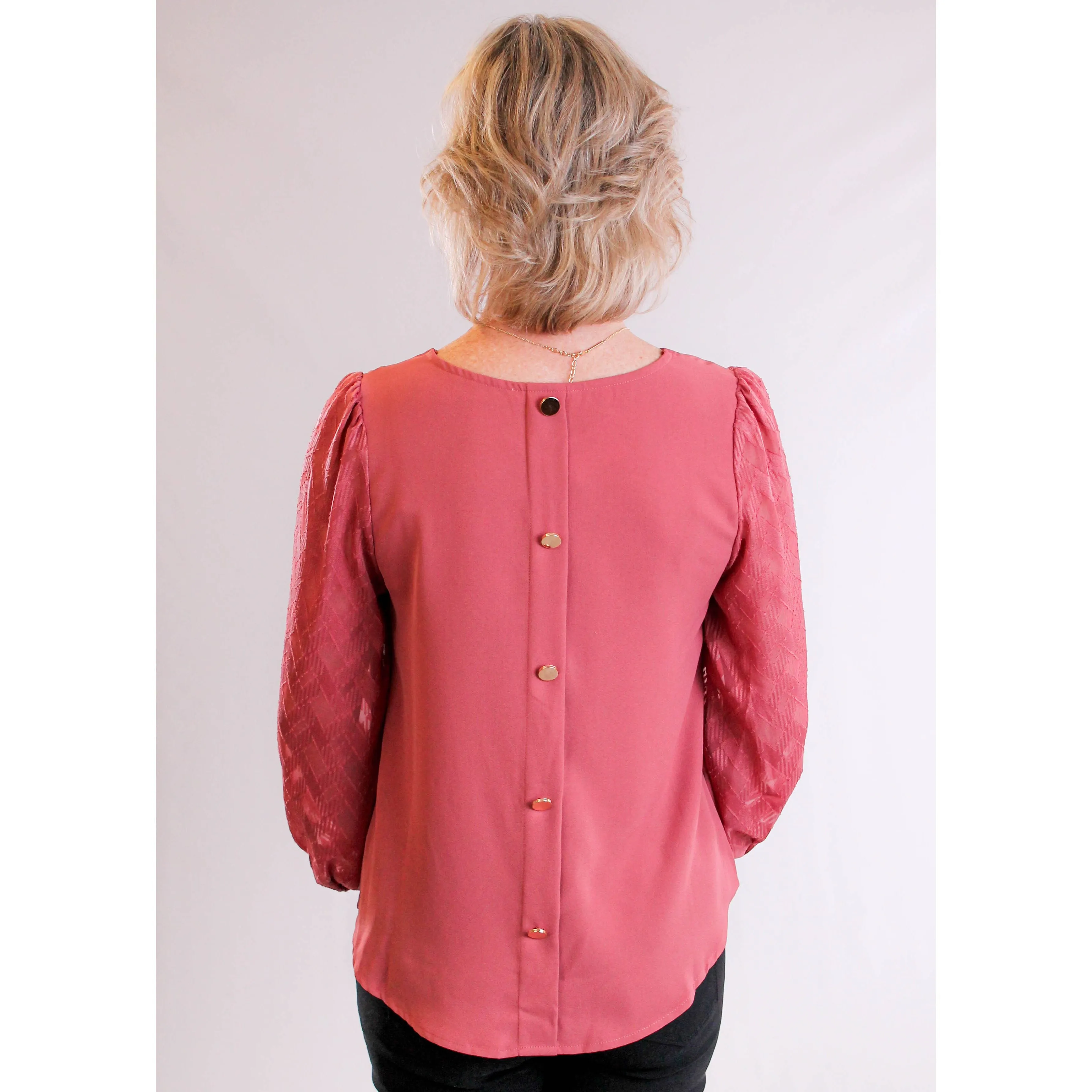 MINE V Neck Top with Sheer Sleeves and Back Buttons