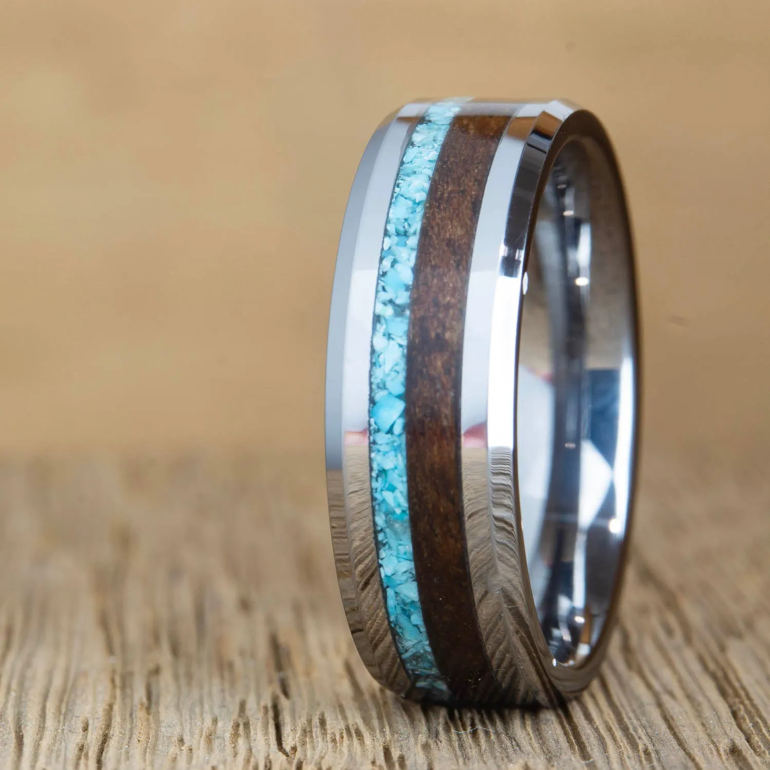 "The Stones in Wood" 8mm mens tungsten ring with turquoise and walnut