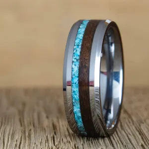 "The Stones in Wood" 8mm mens tungsten ring with turquoise and walnut
